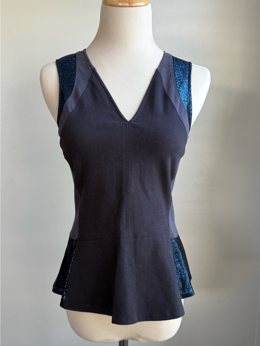 Matiko Black V-Neck Sleeveless Peplum Tank with Blue Sequin Panels